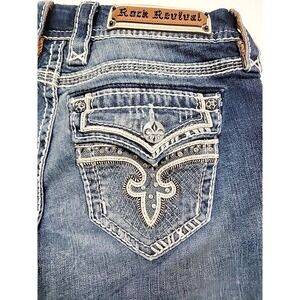 Rock Revival Jeans Women's 26 Ena Skinny Fleur De Lis Flap Pocket Blue Denim